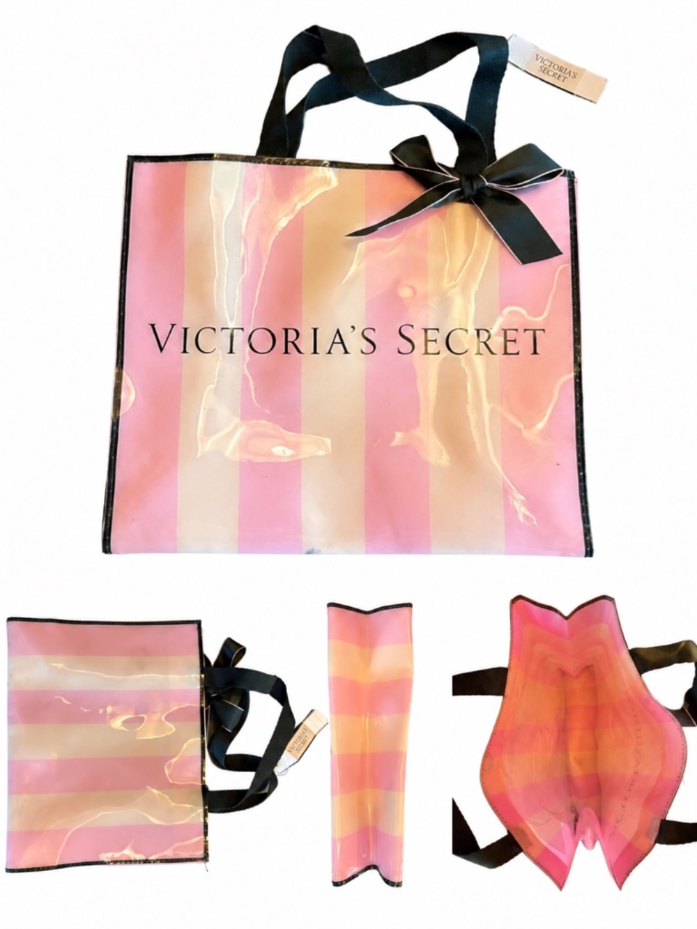 Vintage Victoria’s Secret Pink Stripe Vinyl Tote Purse Bow HTF